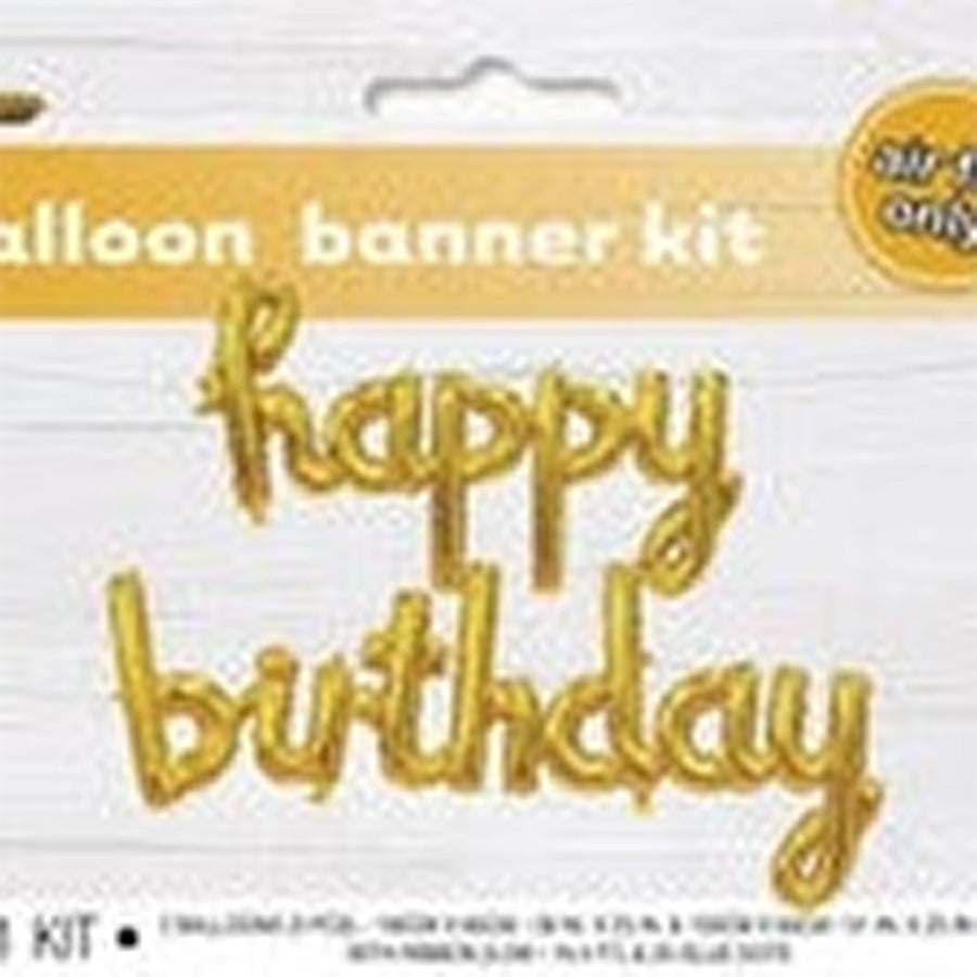 "Happy Birthday" Gold 100cm x 60cm (39" x 23") &amp; 130cm x 60cm (51" x 23") Balloon Banner With Ribbon